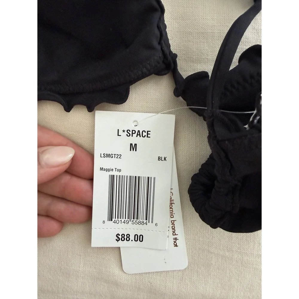 L*Space Maggie Bikini Top Black Ruffle Triangle Swimwear LSMGT22 NEW